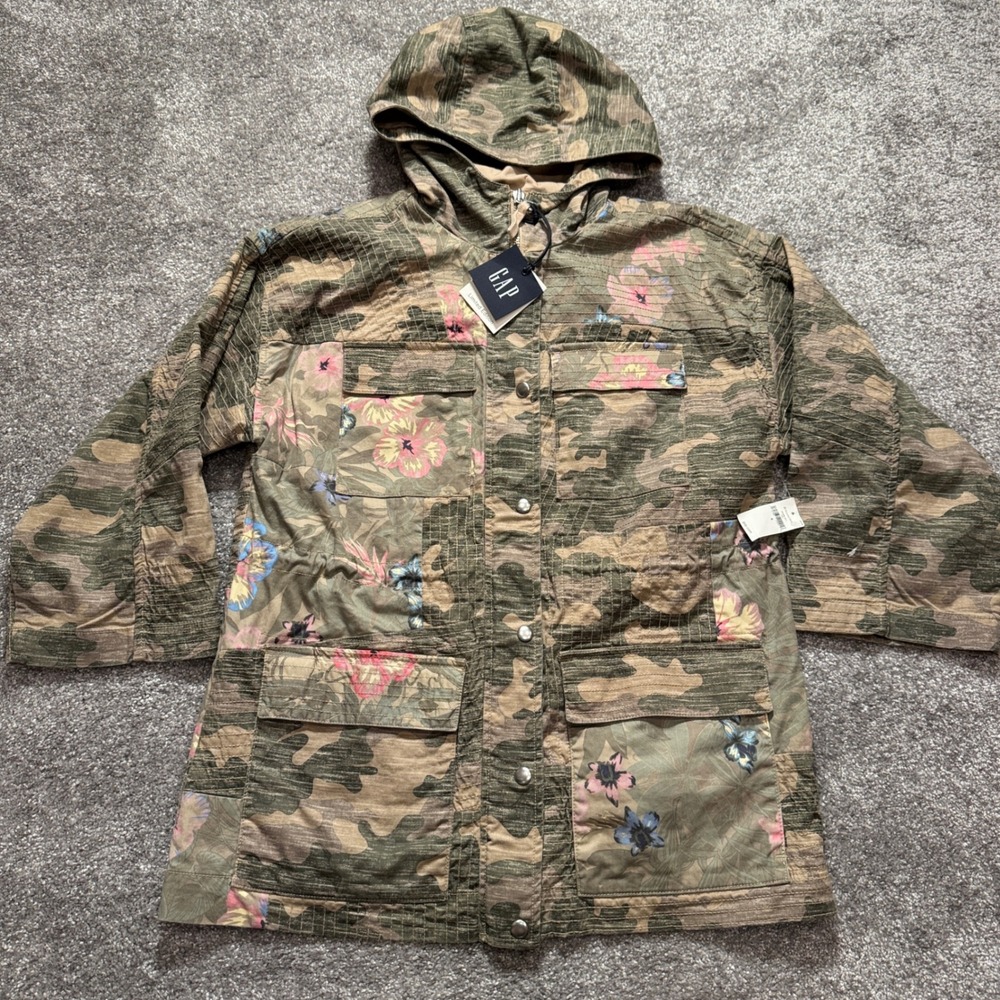 Gap Utility Jacket Womens S Green Camo Floral Cotton Limited Edition Hooded Coat